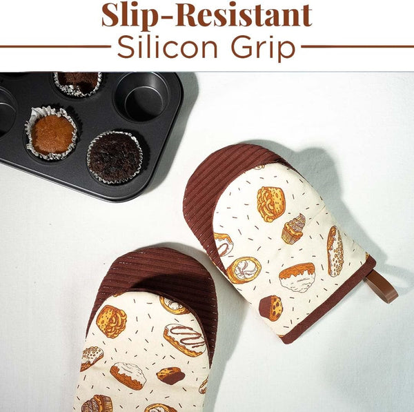 Folkulture Mini Oven Mitts Heat Resistant | (5.75 x 9) Set of 2 Short Oven Mitts with Hanging Loop | 100% Cotton Oven Gloves or Kitchen Mittens |