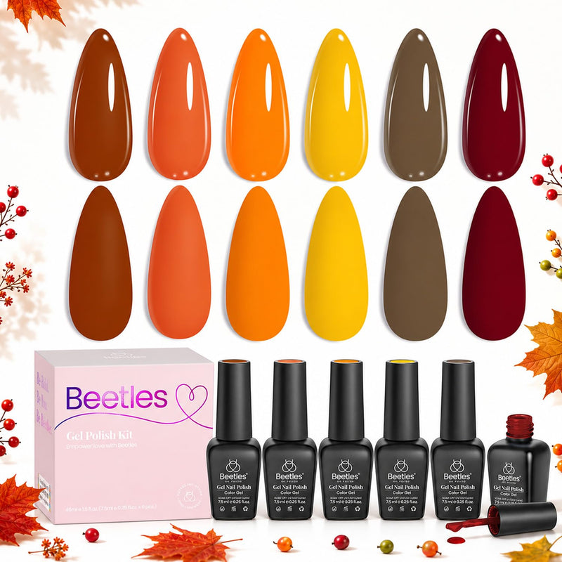 Beetles Fall Gel Polish Set, Autumn Leaves Collection, Burgundy Red Brown Colors | 6 Colors Orange Yellow Gel Polish Kit for Nails Soak Off UV LED