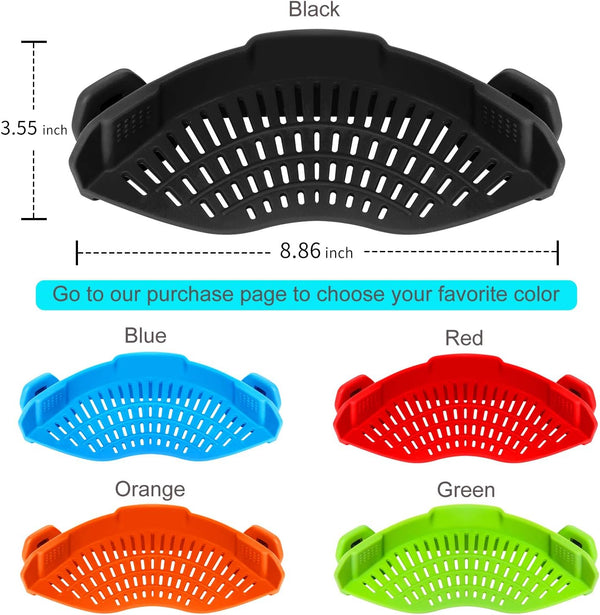 AUOON Clip On Strainer Silicone for All Pots, Standard 8.86 x 3.55in, Black | Food-grade BPA-free, Fits Pots Pans Bowls, Dishwasher Safe, for