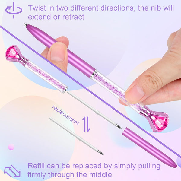 6 Diamond Pens with Crystal Top, Bulk with Black Ink Refill, for Office, School, Home