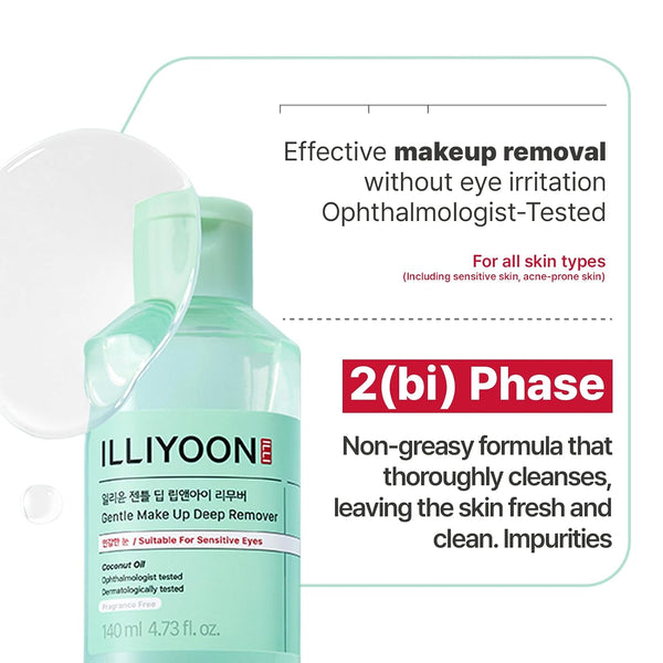 Illiyoon Gentle Deep Eye Makeup Remover | for Waterproof Mascara, Lipstick, Eyeliner, Non-Greasy 2-Phase Oil & Water Formula, Ophthalmologist