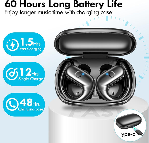kurdene Wireless Earbuds Bluetooth Headphones with Secure Earhooks 60Hrs Black
