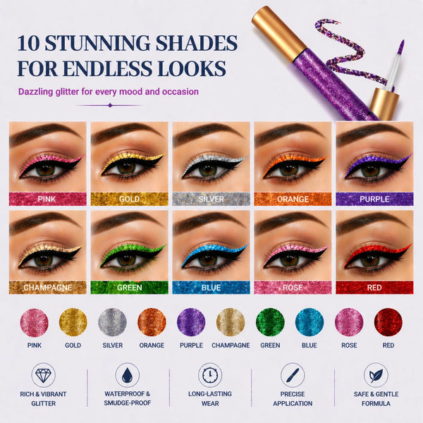 BestLand 10 Colors Liquid Glitter Eyeliner Metallic Shimmer Glitter Eyeshadow Pigment Eyebrown Shimmer Waterproof Face Lips Art for Party Festival