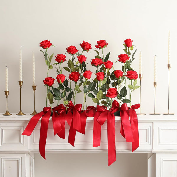 Hawesome 12PCS Artificial Silk Flowers Realistic Roses Bouquet Long Stem for Home Wedding Decoration Party (Red, 6 Flowers 6 Buds) Red 6 Flowers 6
