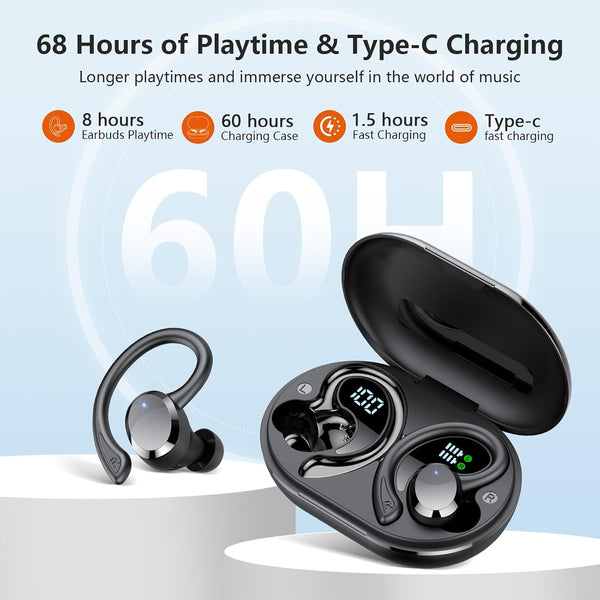 Wireless Earbuds, Earbuds Bluetooth 5.4, Bluetooth Headphones 68Hrs Playtime Sport Earphones with LED Display ENC Noise Cancelling Mic, IPX7