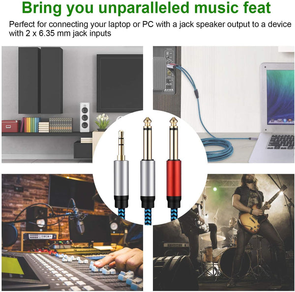 1/8 to 1/4 Stereo Cable, Nylon Braided 3.5mm to 1/4 Cable & Adapter Cord, TRS to Dual 6.35mm TS Unbalanced Breakout Wire for Laptop, Mixer, Amp -