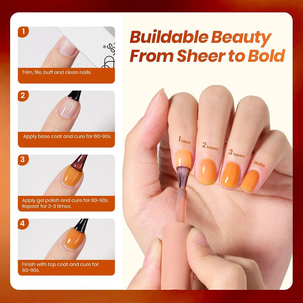 Beetles Jelly Tortoise Fall Nail Gel Polish Set 6 Transparent Fall Colors | Brown Amber Orange Carame Dark Red Pumpkin Gel Nail Polish Soak Off UV