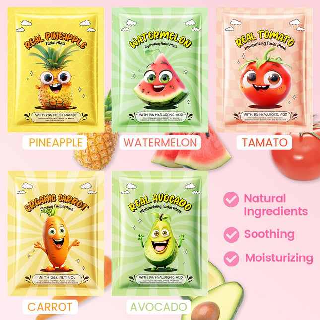 Kaely 10 Pack Fruit Face Masks for Kids, Kids Face Mask Spa Day Kit Supplies, Sp