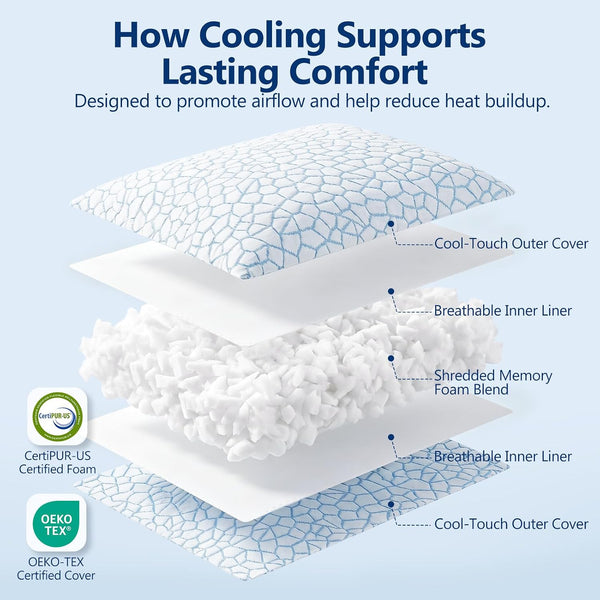 QUTOOL Enhanced Cooling Pillows for Sleeping, Shredded Memory Foam Pillows 2 Pack, Bed Pillows Queen Size Set of 2, Support yet Soft Pillow for