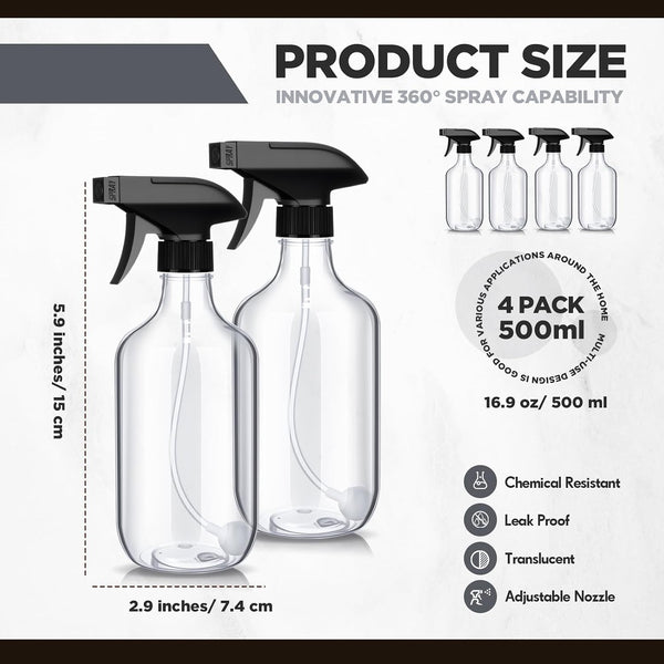 Honeydak 4 Pcs 360° Spray Bottles 16 oz Upside Down Spray Bottles, Plastic Container Is Nice for Plants Cleaning Solutions Durable Nozzle W/fine