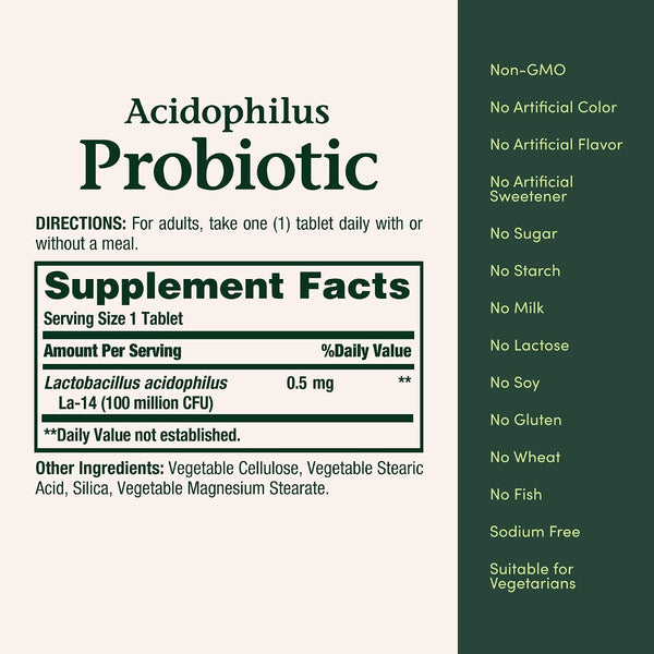 Nature's Bounty Lactobacillus Acidophilus Probiotic Supplement - Daily Probiotic for Women/Men Digestive Health, 100 Million Organisms,
