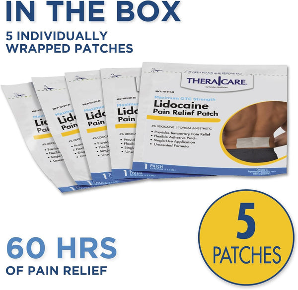 Thera|Care Pain Relief Patch | 4% Lidocaine Patch | 3.9” x 5.5” | 5-Count Box