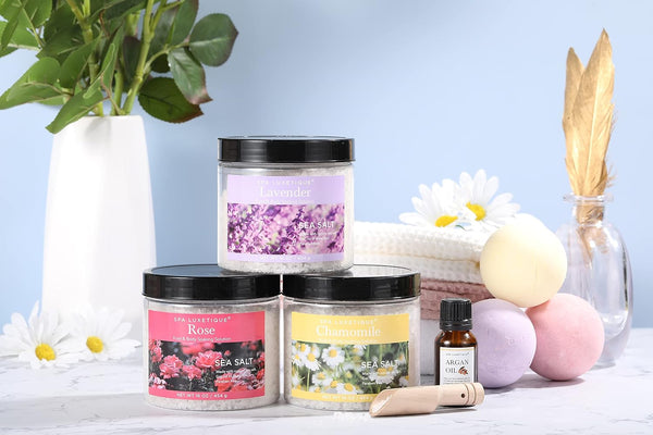 Spa Luxetique Bath Salts, 8Pcs Bath Salts Gift Set with Argan Oil, Bath Bombs, Wooden Scoop, Epsom Salt for Soaking in Lavender, Rose, Chamomile
