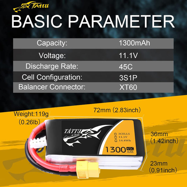 TATTU 3S 11.1V 1300mAh 45C LiPo Battery Pack with XT60 Plug for Eachine Wizard X220 QAV250 QAV180 210 Vortex 285 Mini H FLIP FPV 250S Emax