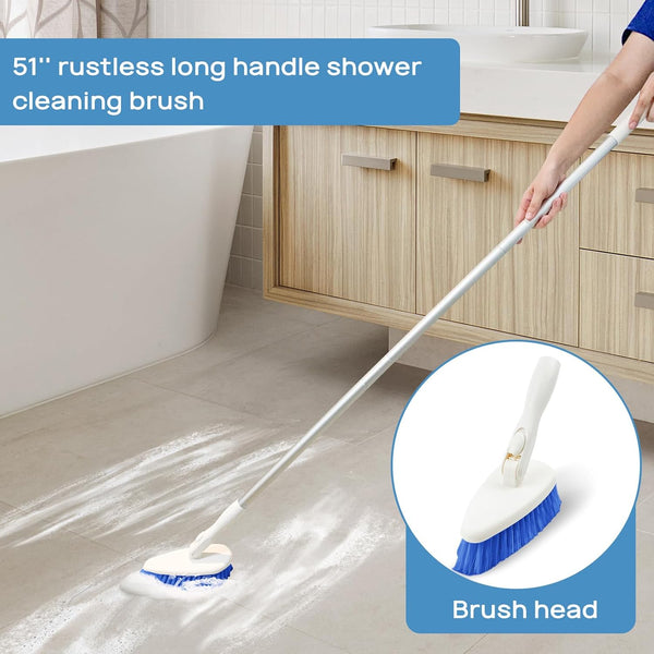Qaestfy Shower Scrubber Cleaning Brush Combo Bath Tub Tile Cleaner Scrubber Brush with 51'' Adjustable Long Handle Scrub Brush for Bathroom Shower