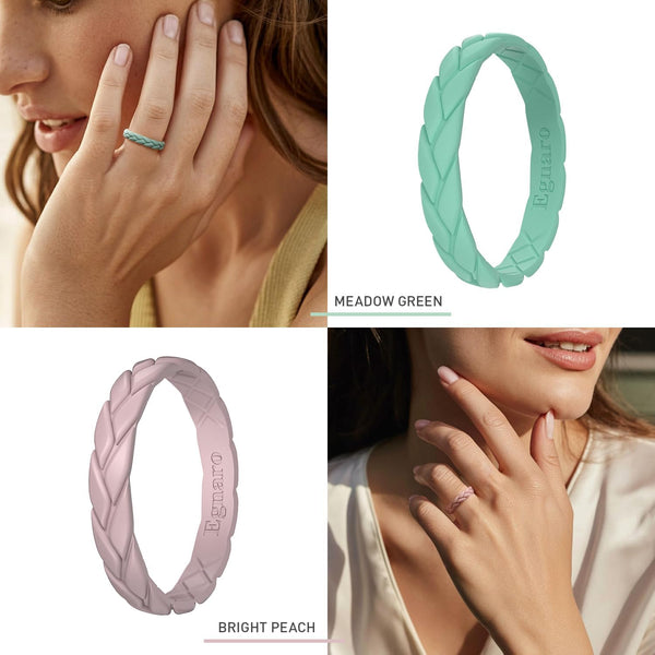 Egnaro Silicone Wedding Rings for Her, Women'S Rubber Bridal Sets Thin Bands, Stackable Leaves Braided Design with Breathable Grooves Workout
