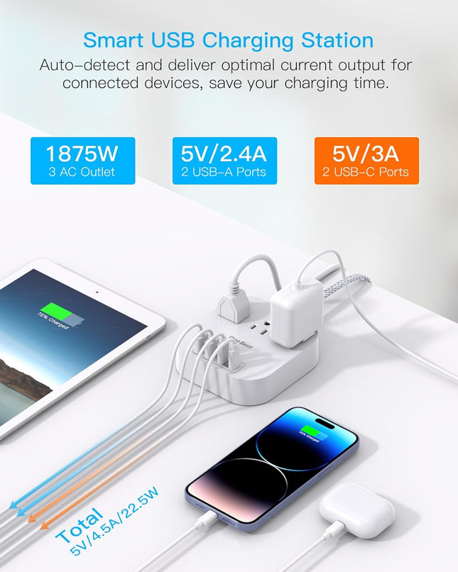 One Beat Power Strip with USB C, 3 Outlets 4 USB Ports (22.5W/4.5A) Desktop Char