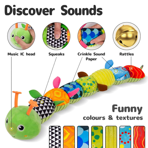 Sumobaby Baby Toys Musical Stuffed Animal Activity Soft Toys with Teether Green - Leaf Caterpillar-Musical