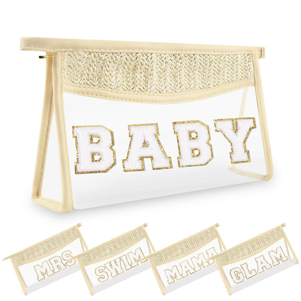 Small Boho Straw Clear Baby Makeup Bags for Women&Girls, Zipper Cosmetic Bag Chenille Varsity Letter Patch Bag, Preppy Cute Toiletry Pouch, Trendy