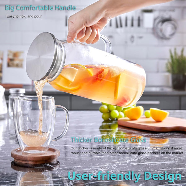 Bivvclaz 2 Liter 68 oz Glass Pitcher with Lid and Handle, Glass Carafe for Hot/Cold Water, Large Iced Tea Pitcher for Coffee, Juice and Homemade