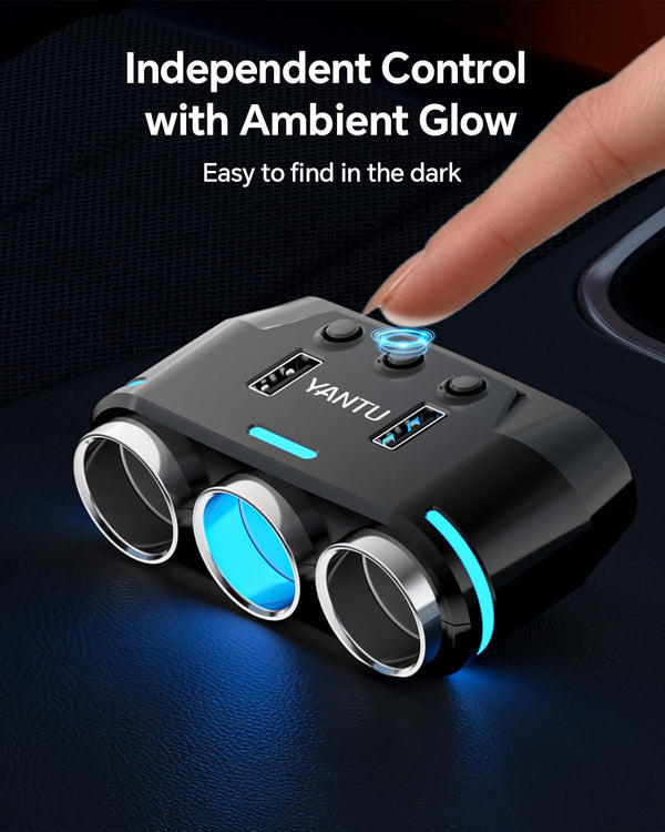 YANTU Cigarette Lighter Adapter & Splitter,150W 3-Sockets & LED Ambient Lighting, Dual USB Fast Charging Car Outlet 12V, Car Cigarette Lighter