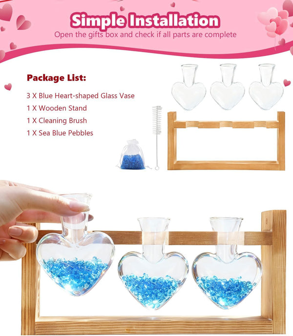 Nacome Plant Terrarium with Wooden Stand, 3 Heart Bulb Glass Vases Transparent