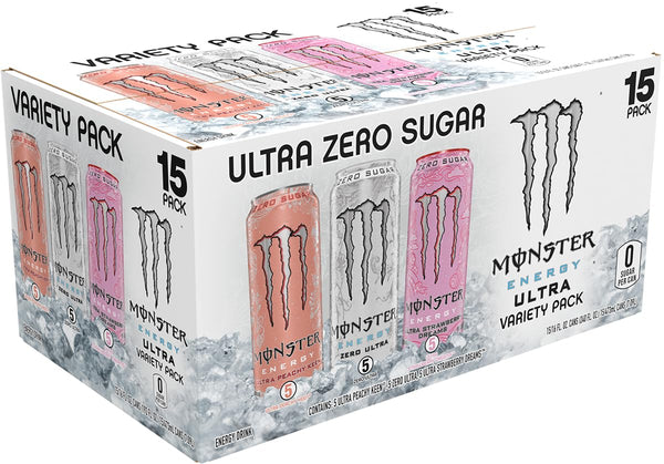 Monster Energy Ultra Variety Pack, PKZSD, Sugar Free Energy Drink, 16 Ounce | Pack of 15 Zero Ultra, Strawberry Dreams, Peachy Keen 15 Pack