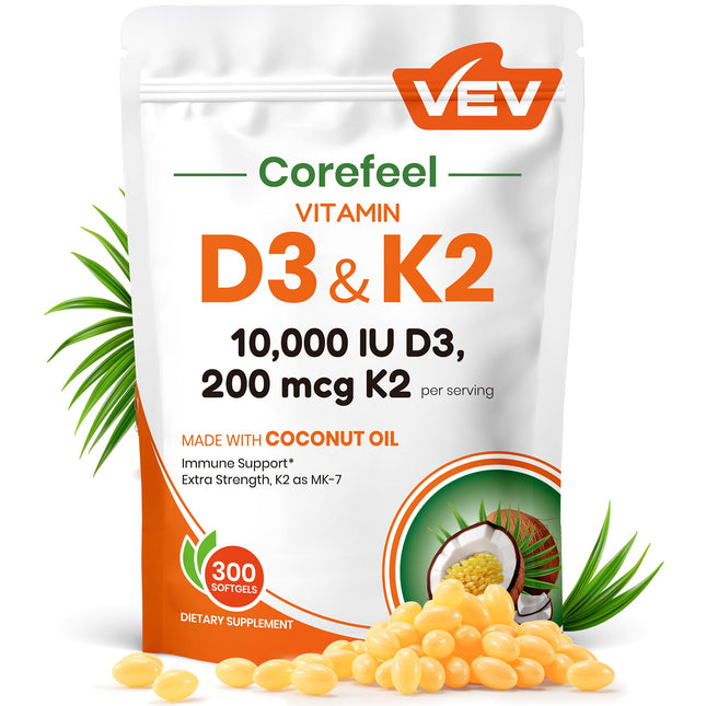 VEV Vitamin D3 Con K2 10000 IU, 300 Virgin Coconut Oil Softgels, 2 in 1 Vitamins