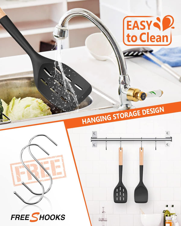Pack of 2 Silicone Spatula, Non Stick Cooking Utensil Set Wooden Handle Kitchen Turner for Baking Mixing Grilling Serving Food Heat Resistant Non