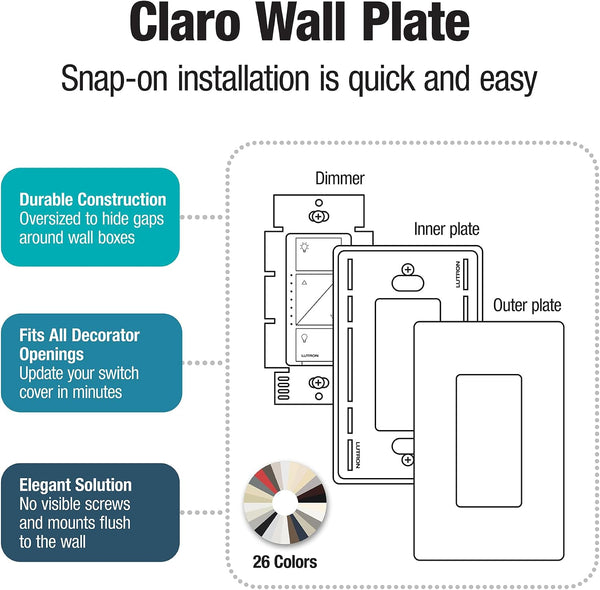 Lutron Claro Light Switch Cover Plate, 1 Gang Wallplate, for Decorator Light Switches, Rocker Light Switch Cover, Outlet Cover, Screwless Switch