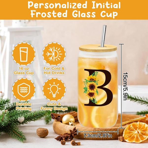 Sunflower Personalized Gifts for Women,12pcs Sunflower Initial Gifts,Initial Glass Cup,Monogrammed Gifts for Women,Birthday Gifts for