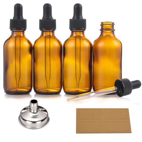 AOZITA 4 Pack, 2 Oz Dropper Bottles with 1 Funnel & 4 Labels - Essential Oils Bottles for Health, Personal Care & Beauty - 60Ml Thick Dark Amber