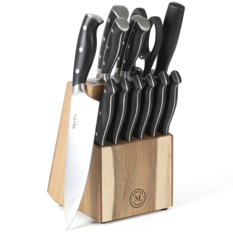 Martha Stewart Greeley Forged High Carbon Stainless Steel 14 Piece Knife Block Set, Black Kitchen Knife Set with Acacia Wood Block, Chef Knife,