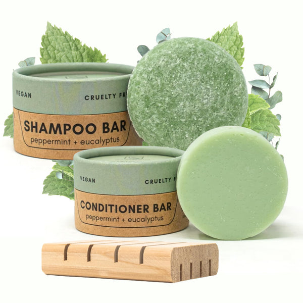 Shampoo & Conditioner Bar Set | Peppermint + Eucalyptus | with Travel Container and Cedar Tray | Natural Salon Quality Shampoo, Zero Waste &