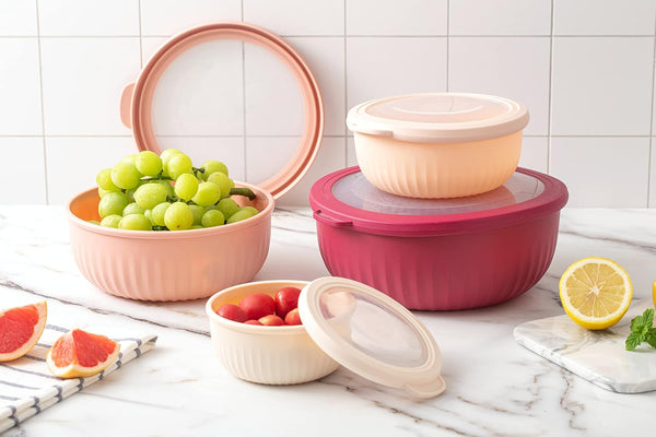 COOK WITH COLOR Prep Bowls with Lids- Wide and Deep Nesting Plastic Small Mixing Bowl Set with Lids, 8 Piece Set - Wide Bowls, Rose Rose 8 Piece