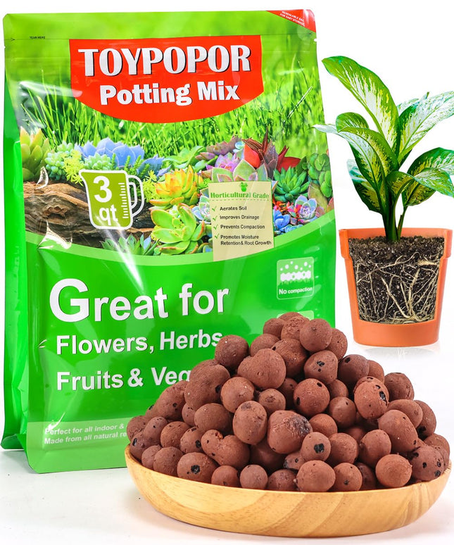 TOYPOPOR Leca Clay Pebbles for Plants, (3 Quarts) Leca Balls, Lightweight Clay Ball, Potting Mix, Grow Media Used for Dr