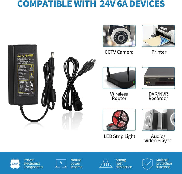 24V Power Supply,24Volt 6Amp 144W 100-240V AC to 24V DC Power Supply with 5.5mm x 2.5mm&2.1mm Output,LED Terminal Connector,24V 6A Power Supply 5A
