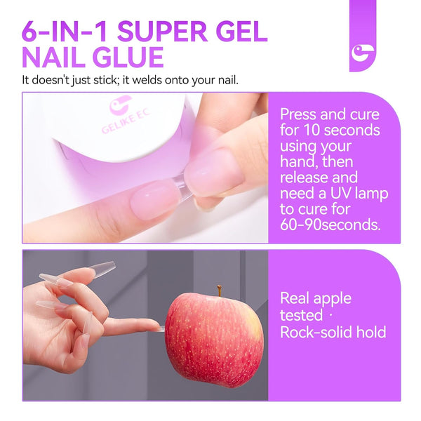 Gelike EC Gel Nail Glue for Press Ons: 6 in 1 Strong UV Nail Glue for Nail Tips and Acrylic Nail - Long Lasting 28 Days Hold Quick UV Cure - Hema