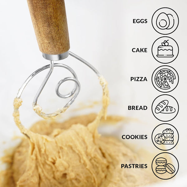 Zulay Kitchen 13 Inch Danish Dough Whisk - Large Wooden Danish Whisk for Dough with Stainless Steel Ring - Traditional Dutch Whisk Baking Tool for