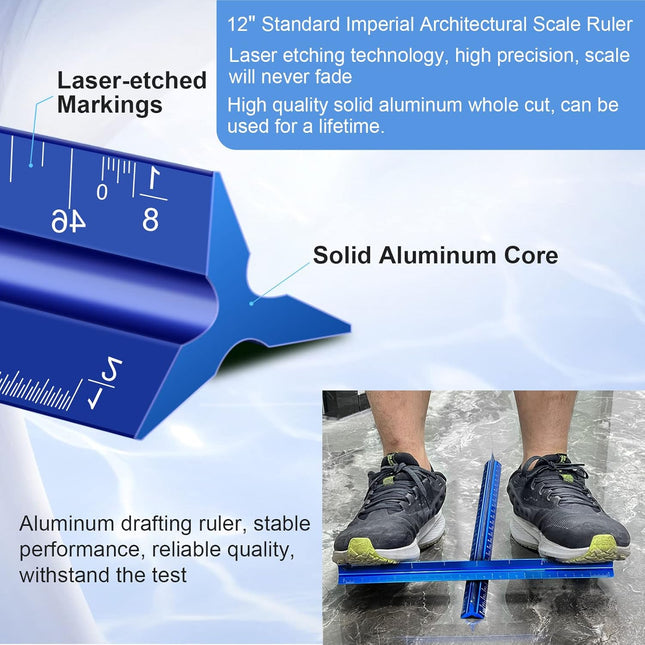 Architectural Scale Ruler, 12'' Imperial Architect Scale, Engineer Scale Ruler for Blueprints, Aluminum Triangle Draftin