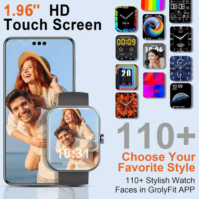 Smart Watch for Men Women(Answer/Make Calls), 1.96" HD Smartwatch, Fitness Tracker with 110+ Sport Modes, IP68 Waterproo