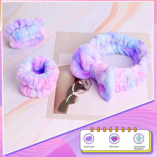 WSYUB Spa Headband and Matching Wrist Bands for Washing Face, Fuzzy Skincare Bow Headbands, Soft Facial Makeup Head Bands, Shower Hair Sleepover