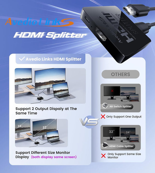 avedio links HDMI Splitter 1 in 2 Out [w/ 4 Ft Hdmi Cable]Not for Extended Display-Mirror Same Screen Only, 4K 1x2 HDMI Splitter 1 to 2 for 3D
