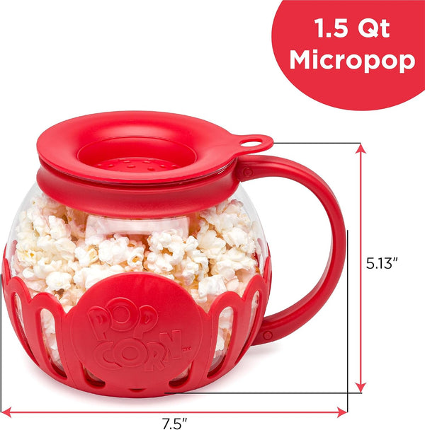 Ecolution Patented Micro-Pop Microwave Popcorn Popper with Temperature Safe Glass, 3-in-1 Lid Measures Kernels and Melts Butter, Made Without BPA,