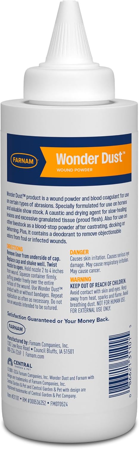 Farnam Wonder Dust Wound Powder, Blood Coagulant for Horses and Show Stock, For Use on Proud Flesh, Granulated Tissue, Stop Bleeding, 4 Ounces