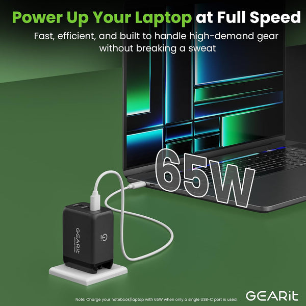 GEARit 65W USB C Charger Block, GaN 3-Port Foldable Fast Wall Charger | Type-C PD 3.0 & PPS fast charging, 2 USB-C + 1 USB-A, for MacBook Pro/Air,