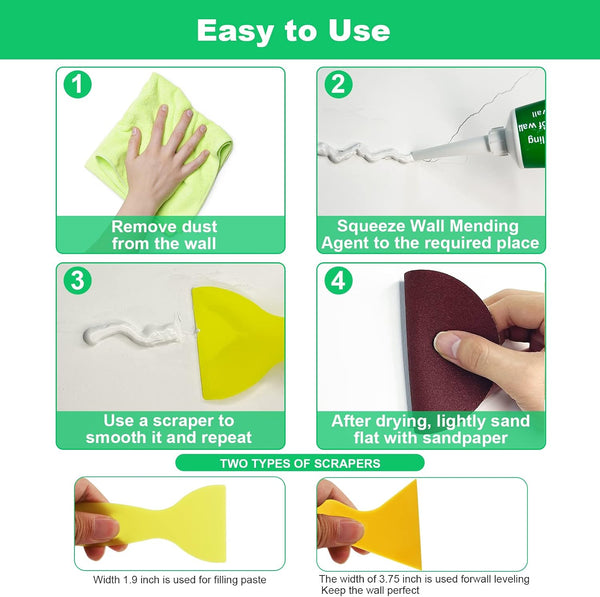 Drywall Repair Kit, 2 Pack Spackle Wall Repair Patch Kit with Scraper, Wall Mending Agent Large Hole Drywall Patch, Easy to Fill Holes in Home