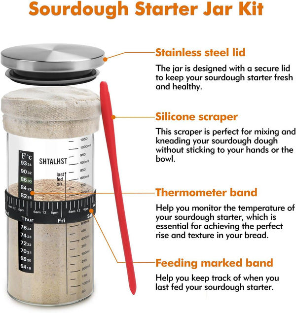 Sourdough Starter Kit-1100ml/39Oz, Sour Dough Starter Jar With Stainless Steel Lid, Thermometer, Silicone Scraper, Cloth Cover And Date Marked