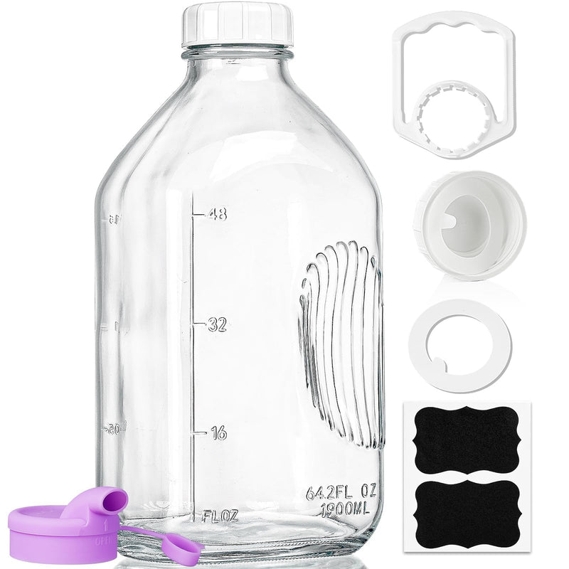 64 Oz Heavy Duty Glass Milk Bottle with Reusable Airtight Strong SCREW LID - 1/2 Gallon Water Bottles with Scale Lines - 2 Qt Glass Milk Jug