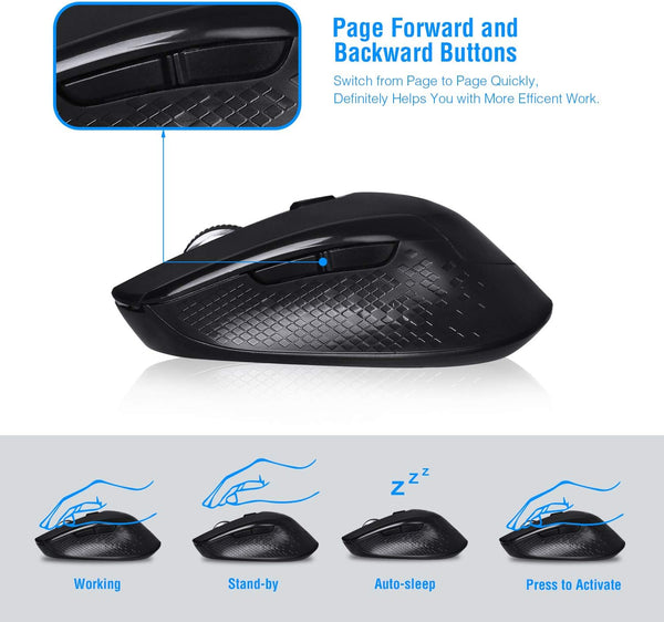 Cimetech Wireless Ergonomic Optical Mouse, 6 Buttons, Silent with USB Receiver and 3 Adjustable DPI for Laptop, Desktop, Mac, PC - Black